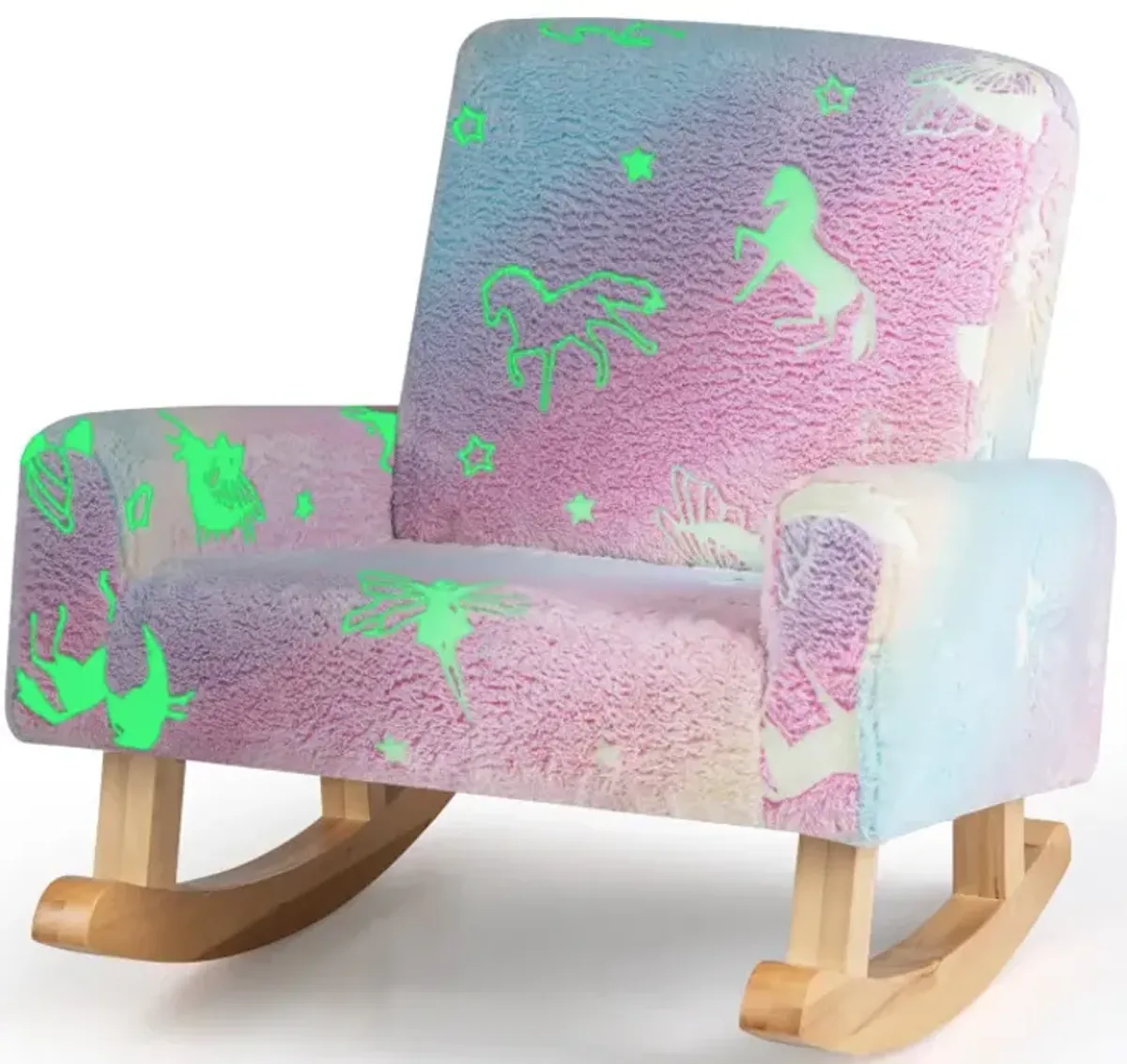 Kids Rocking Chair Upholstered Flannel Children Rocker with Solid Poplar Wood Rocking Feet