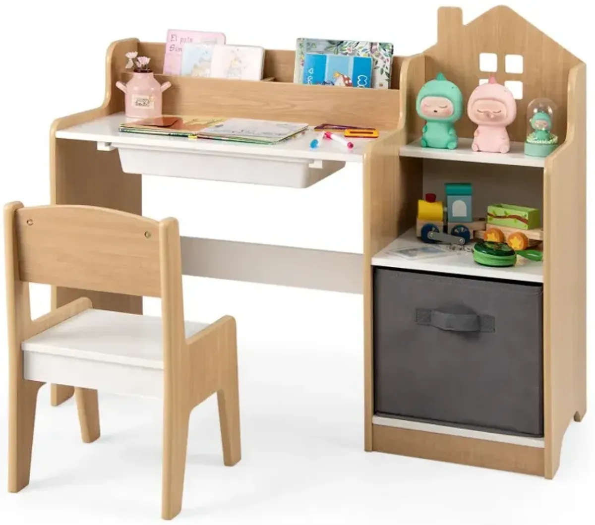 Kids Study Desk and Chair Set with Open Shelves Drawer and Fabric Storage Bin