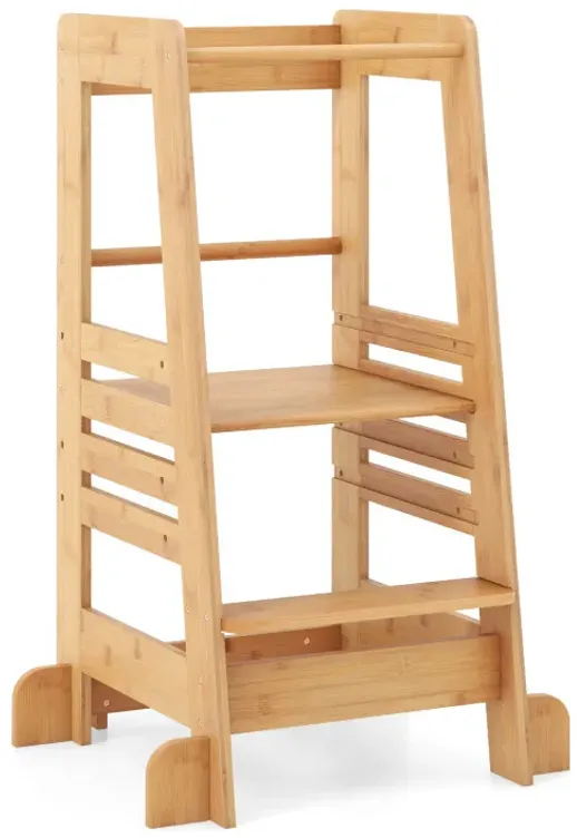 Bamboo Kids Kitchen Step Stool with Adjustable Height and Safety Rails