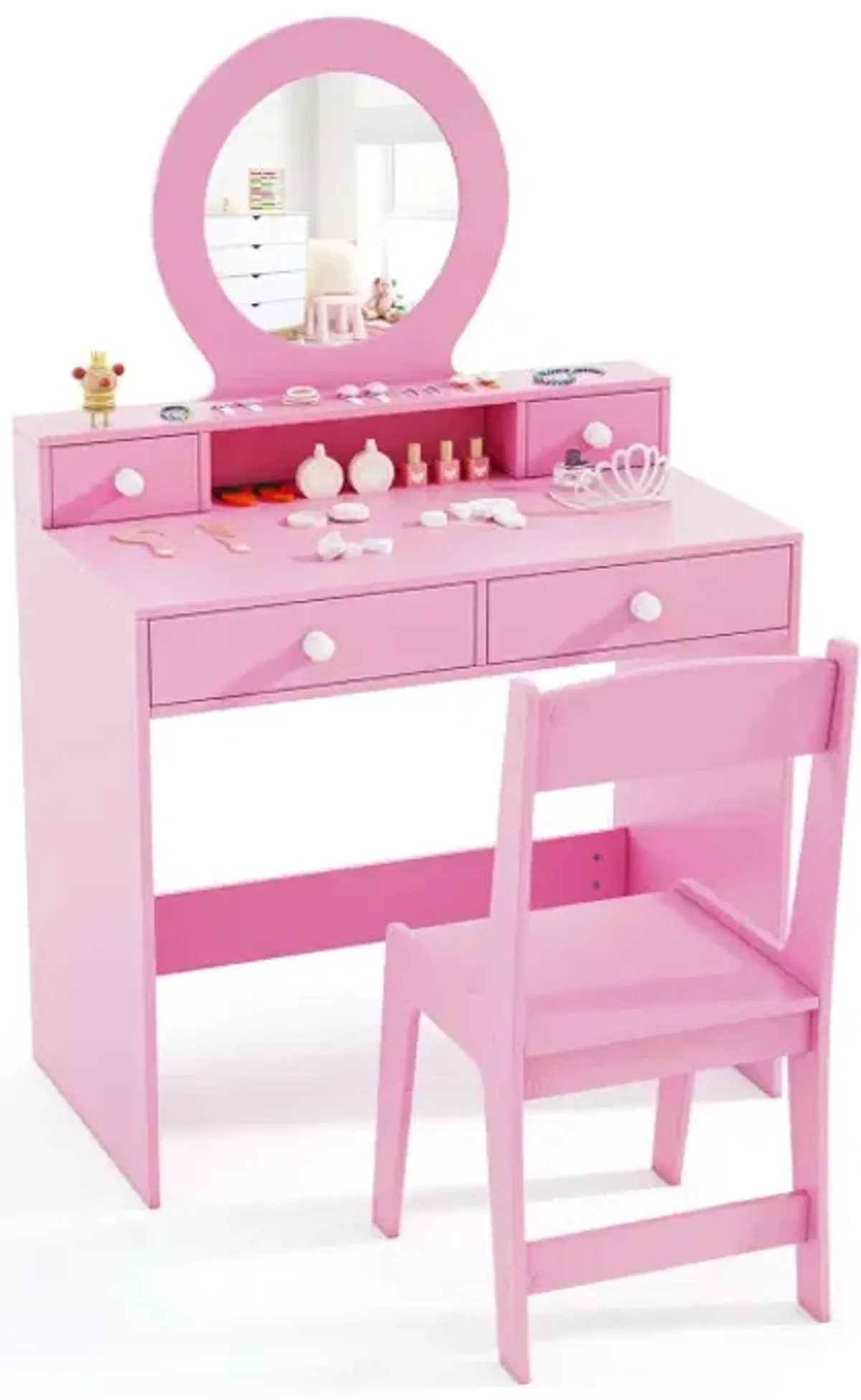 Kids Vanity Set with Mirror Princess Makeup Dressing Desk and Chair Set with Mirror