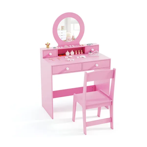Kids Vanity Set with Mirror Princess Makeup Dressing Desk and Chair Set with Mirror