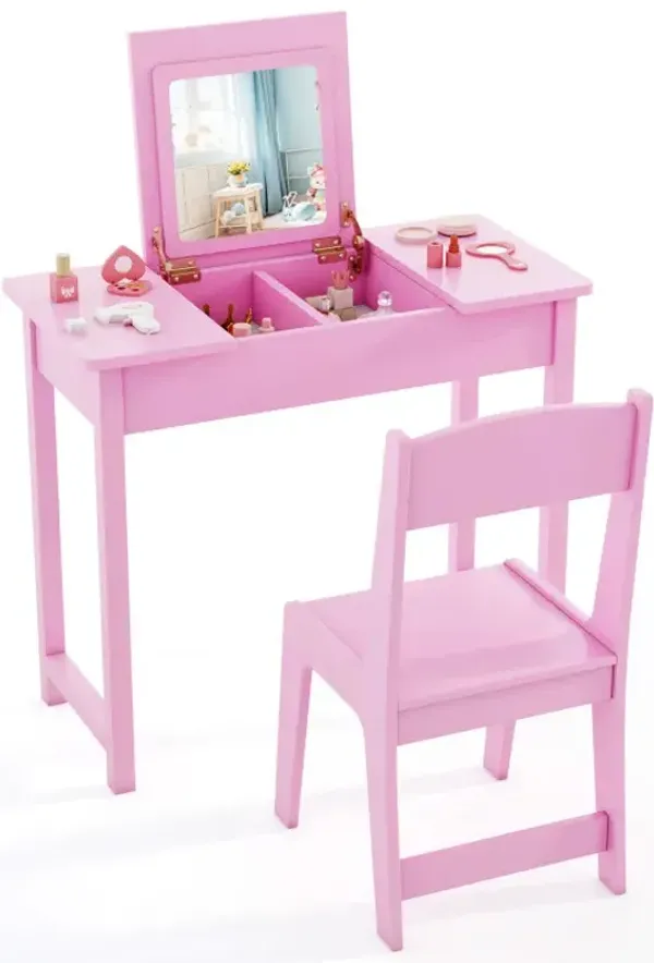 2-in-1 Kids Vanity Makeup Table and Chair Set with Flip Top Mirror