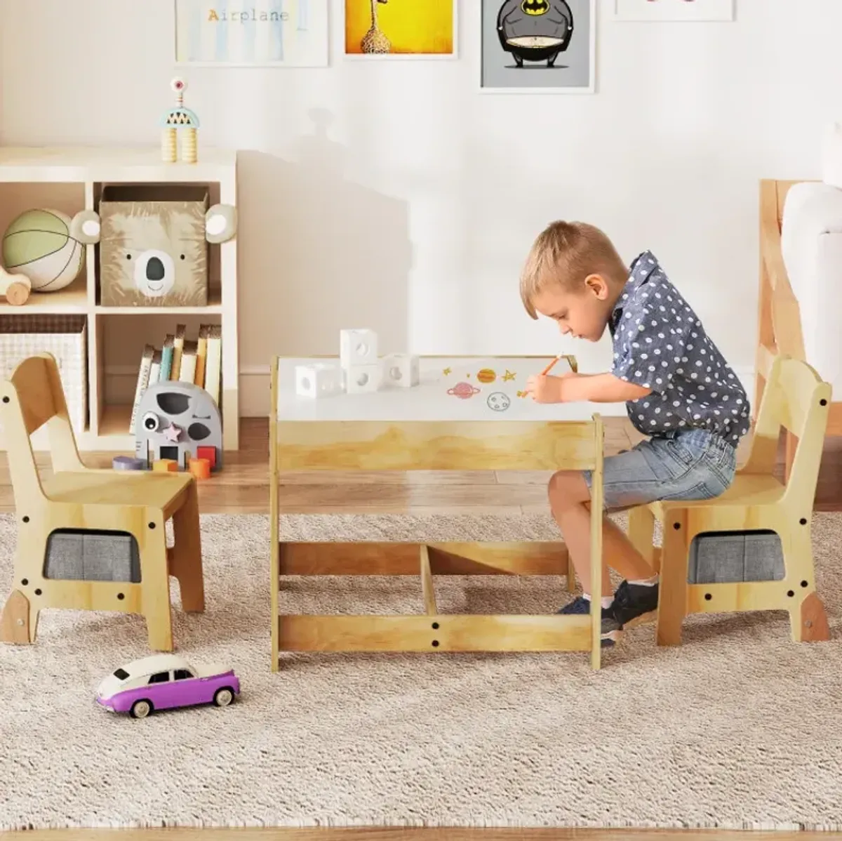 3 in 1 Kids Table and Chair Set with Removable Tabletop and 2 Storage Drawers