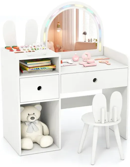 Kids Vanity Desk and Chair Set with Lights, Open Shelves