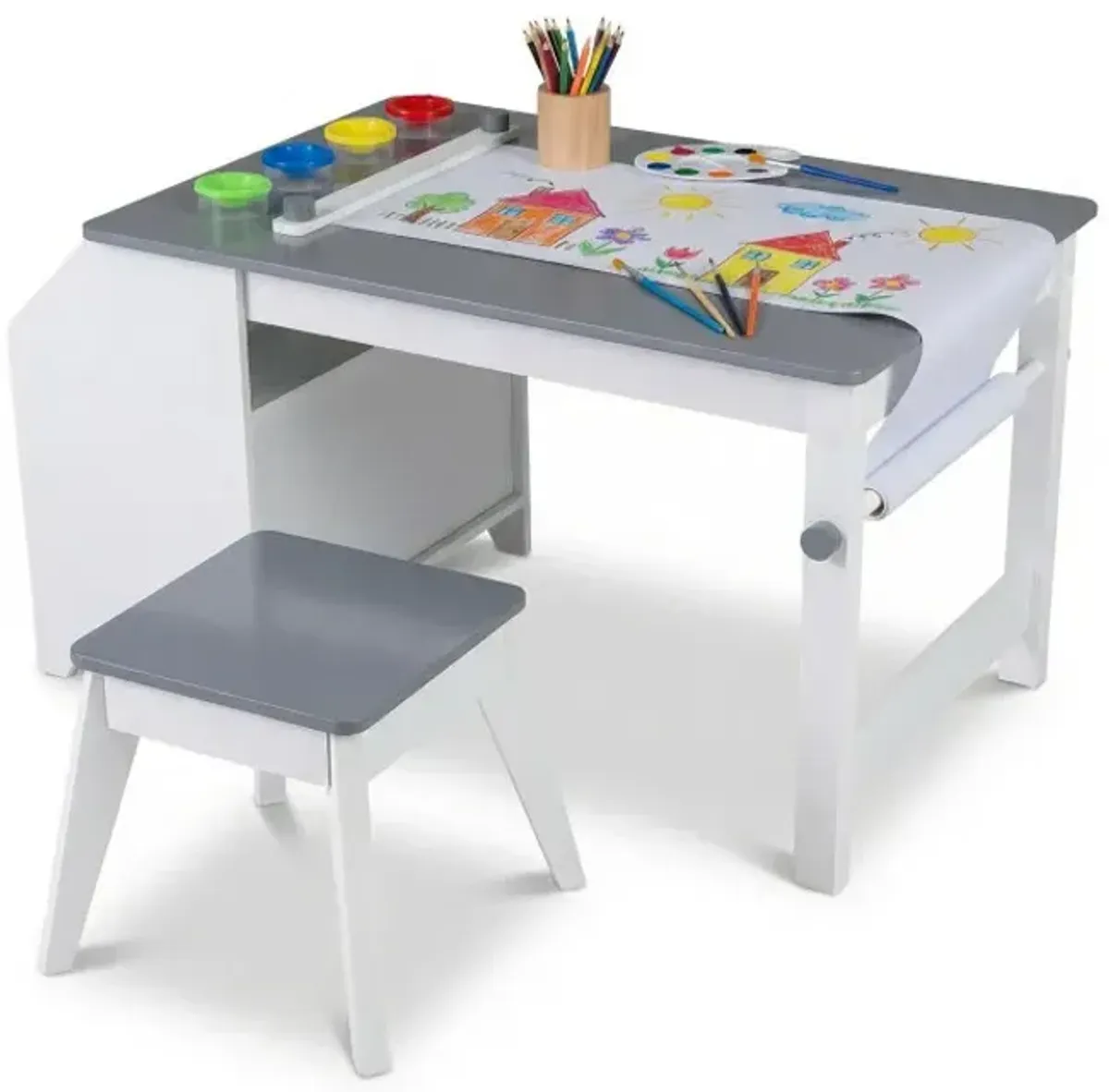 Kids Art Table and Stool Set Toddler Activity Desk with Paper Roll and 4 Paint Cups for Drawing Learning