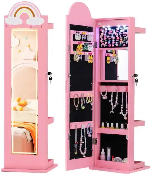 3 In 1 Kids Jewelry Cabinet Freestanding Jewelry Armoire with 3-Color Lighted Mirror
