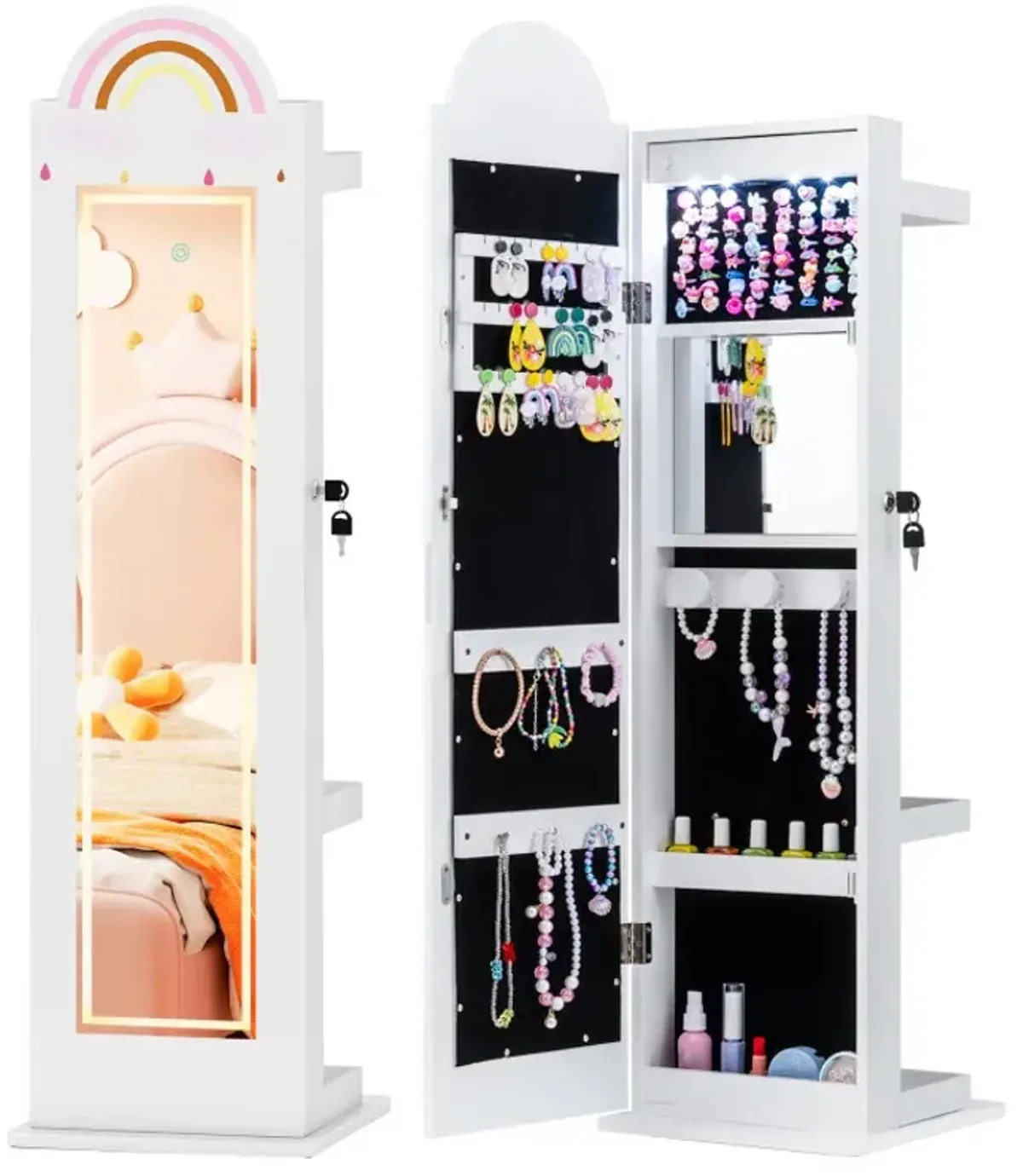 3 In 1 Kids Jewelry Cabinet Freestanding Jewelry Armoire with 3-Color Lighted Mirror