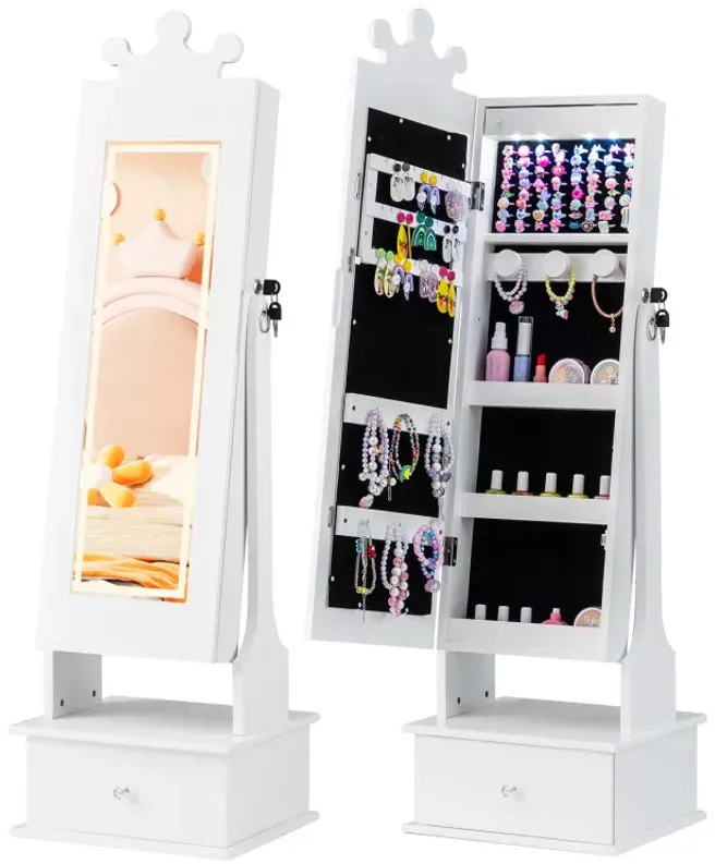 Kids Jewelry Armoire with 3-Color Lighted Full Length Mirror and Inside Led Lights