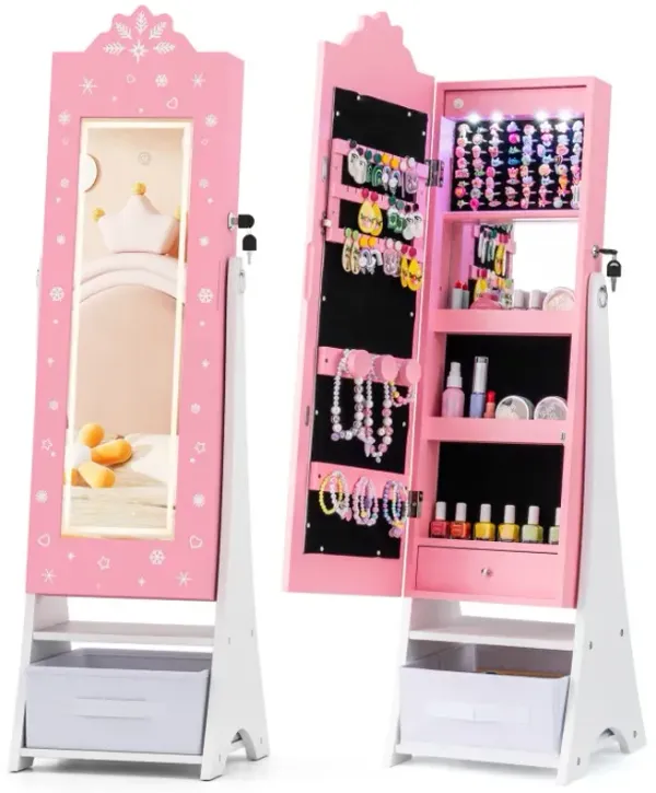 Kids Jewelry Armoire Freestanding Jewelry Cabinet with 3-Color Lighted Full Length Mirror