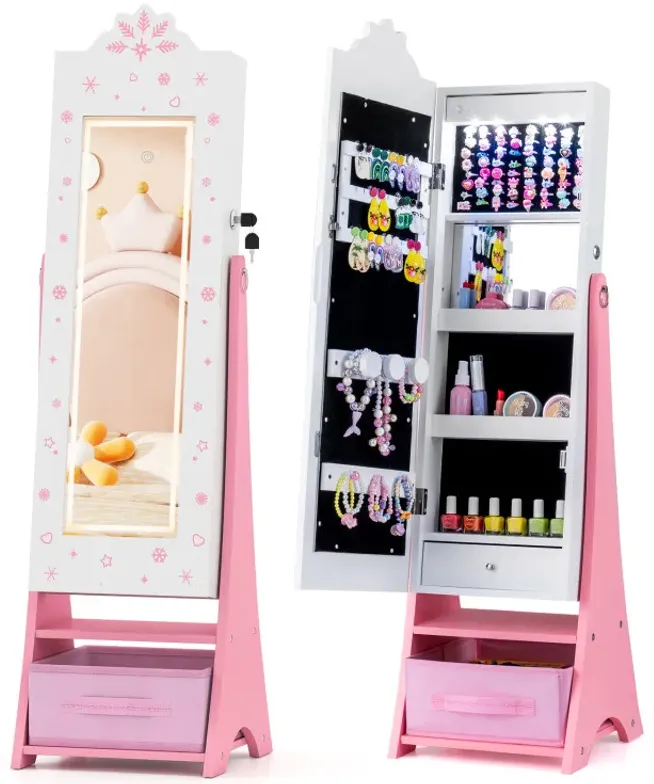 Kids Jewelry Armoire Freestanding Jewelry Cabinet with 3-Color Lighted Full Length Mirror