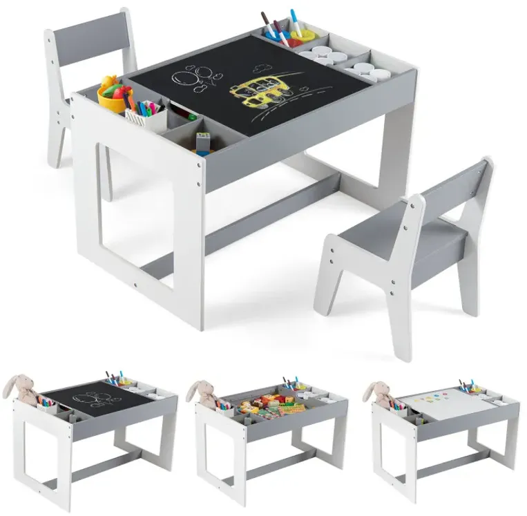 Multifunctional Kids Table and 2 Chairs Set with Chalkboard