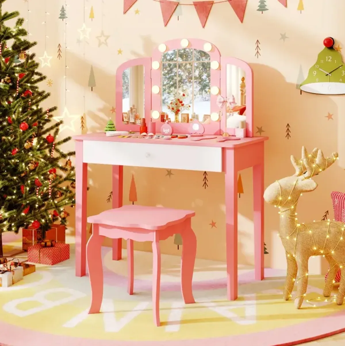 2-in-1 Kids Vanity Table Set with Tri-Folding Detachable Mirror and Lights