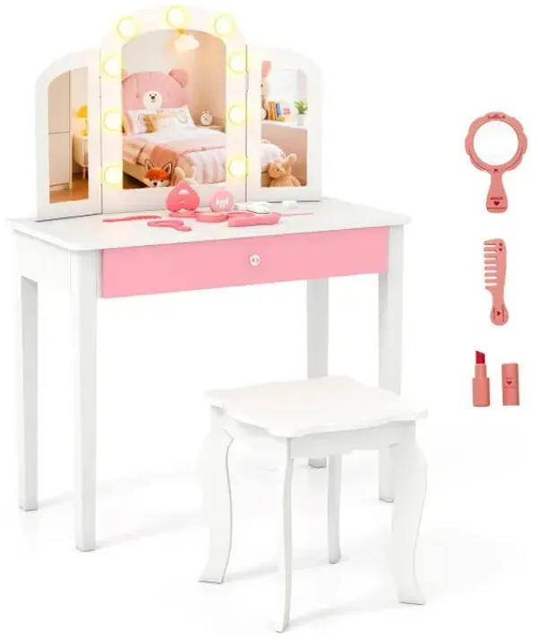 2-in-1 Kids Vanity Table Set with Tri-Folding Detachable Mirror and Lights