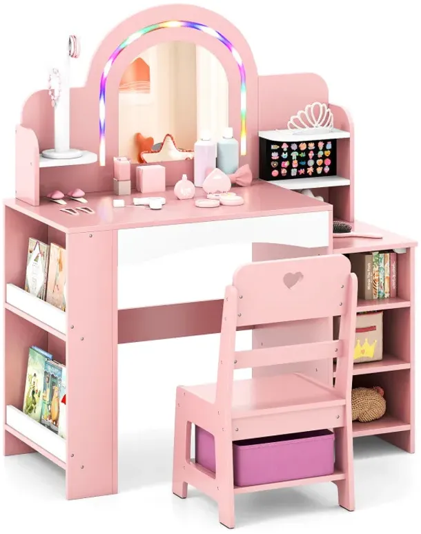 Kids Vanity Set with Colorful LED Lights Princess Makeup Dressing Table with Chair