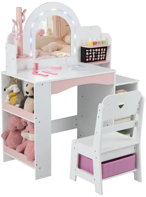 Kids Vanity Set with Colorful LED Lights Princess Makeup Dressing Table with Chair