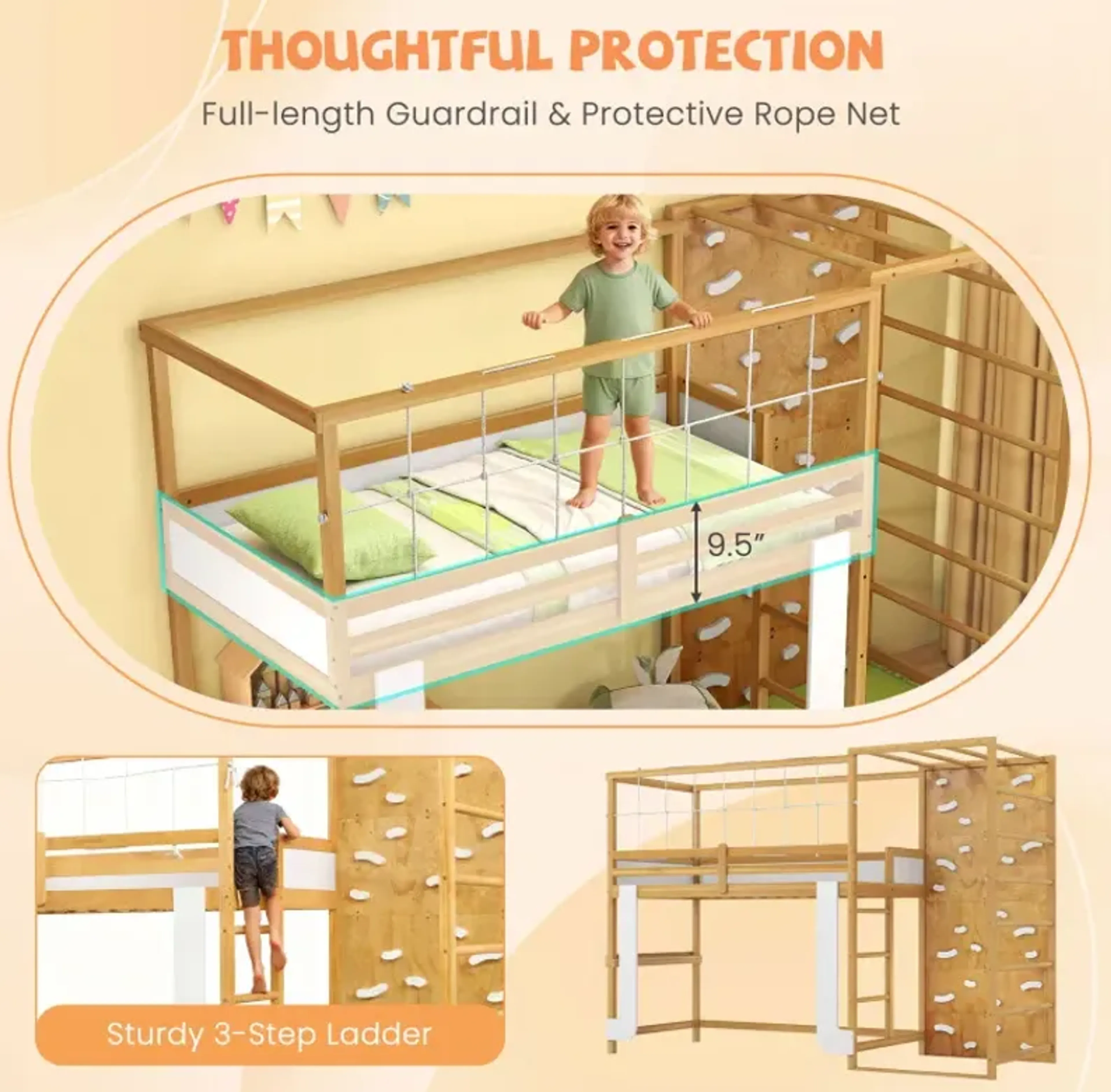 Twin Bunk Bed With Jungle Gym Wooden Loft Bed With Climbing Ladder ...