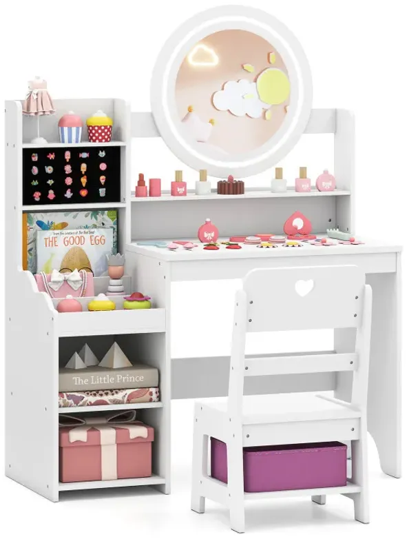 Kids Vanity Desk with Mirror and Lights Princess Pretend Play Dressing Table and Chair Set