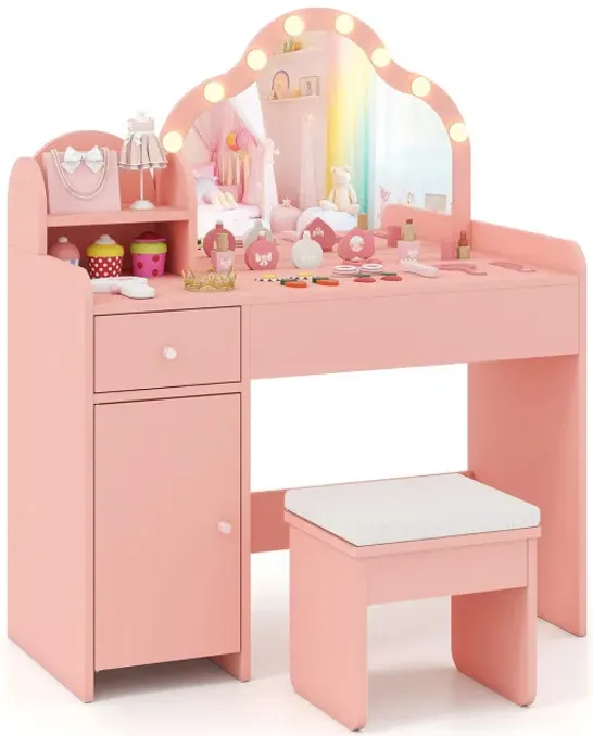 Kids Vanity Desk with Mirror and Lights Princess Pretend Play Dressing Table
