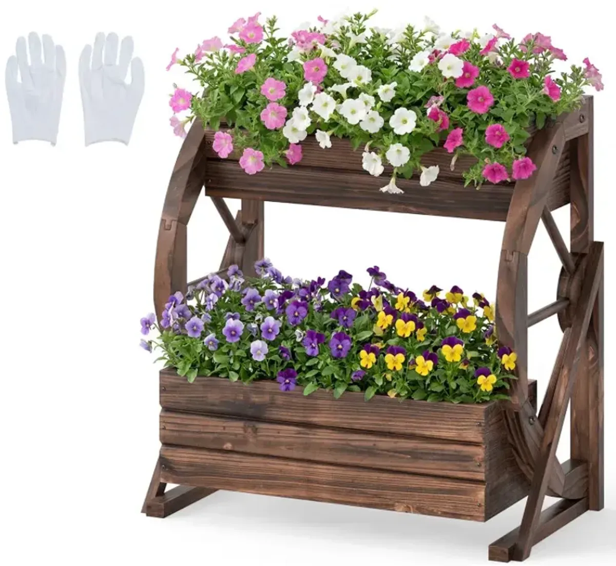 2-tier Raised Garden Bed Rustic Wood Wagon Planter with Drainage Holes and Semi-wheels