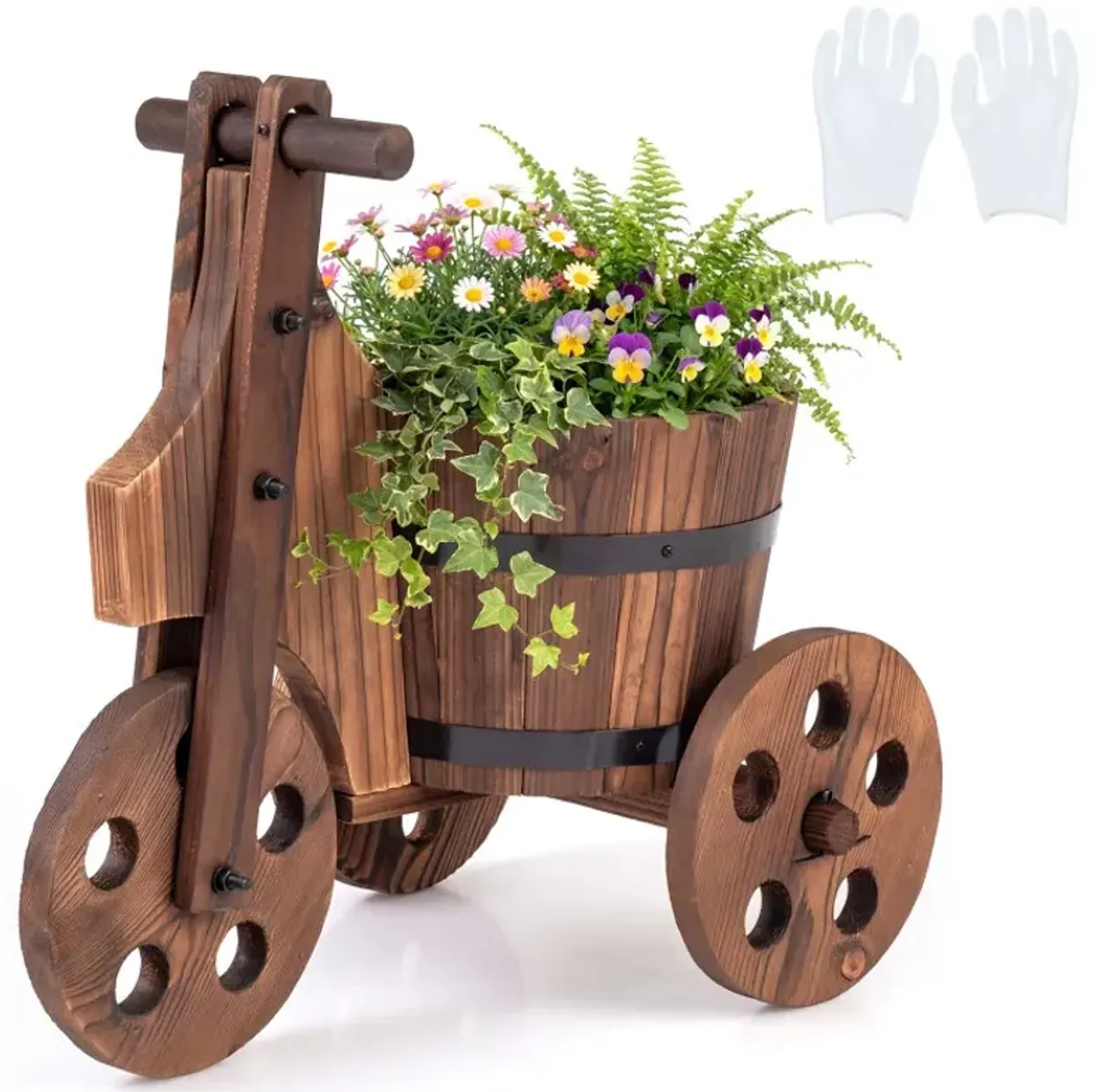 Rustic Wood Tricycle Planter Barrel Flower Pot Cart with Drainage Hole