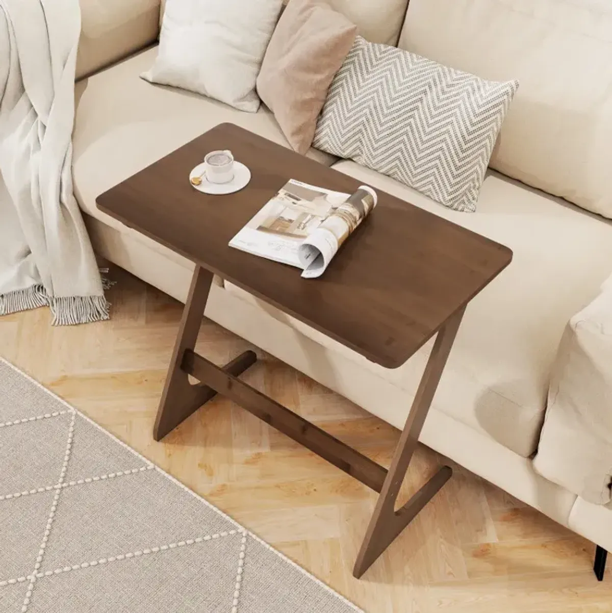 Bamboo Z-Shaped Spacious Sofa Side Table with Space-Saving Tabletop