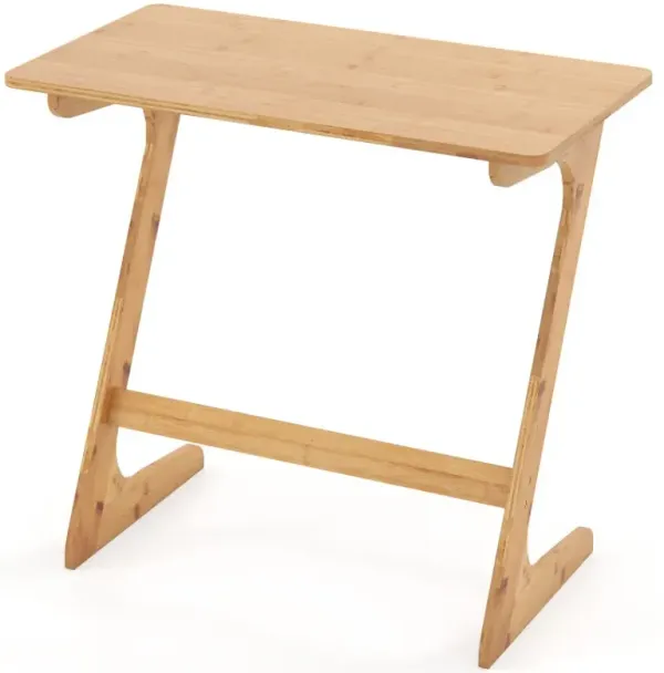 Bamboo Z-Shaped Spacious Sofa Side Table with Space-Saving Tabletop