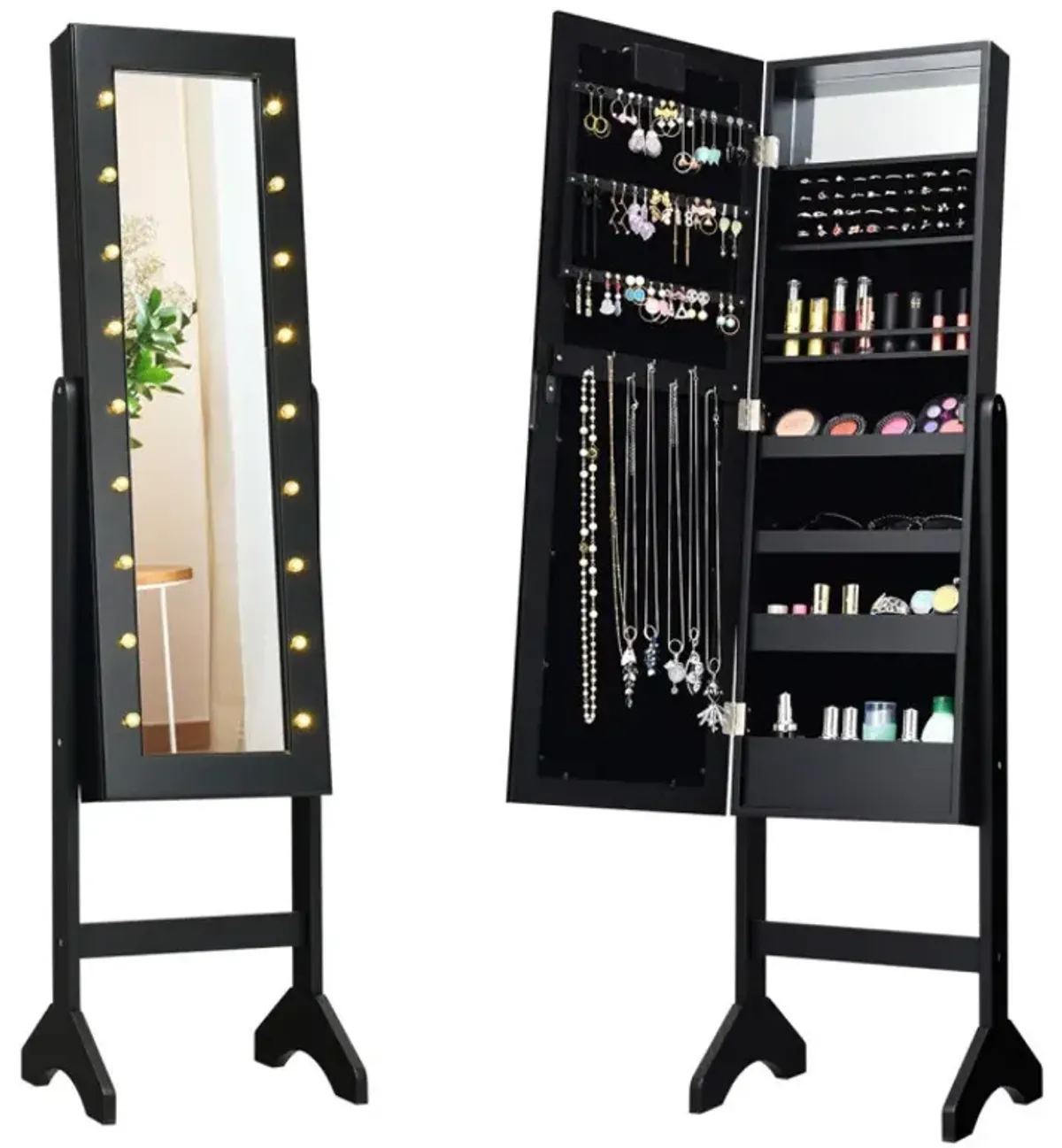 Mirrored Standing Jewelry Armoire Cabinet with LED Lights