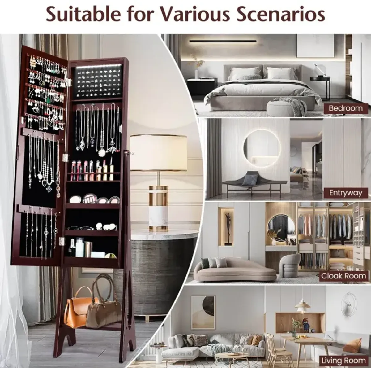 Freestanding Jewelry Cabinet Armoire Organizer with Bevel Edge Mirror