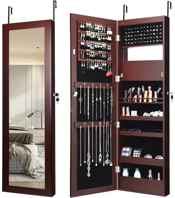 Lockable Wall Door Mounted Mirror Jewelry Cabinet with LED Lights