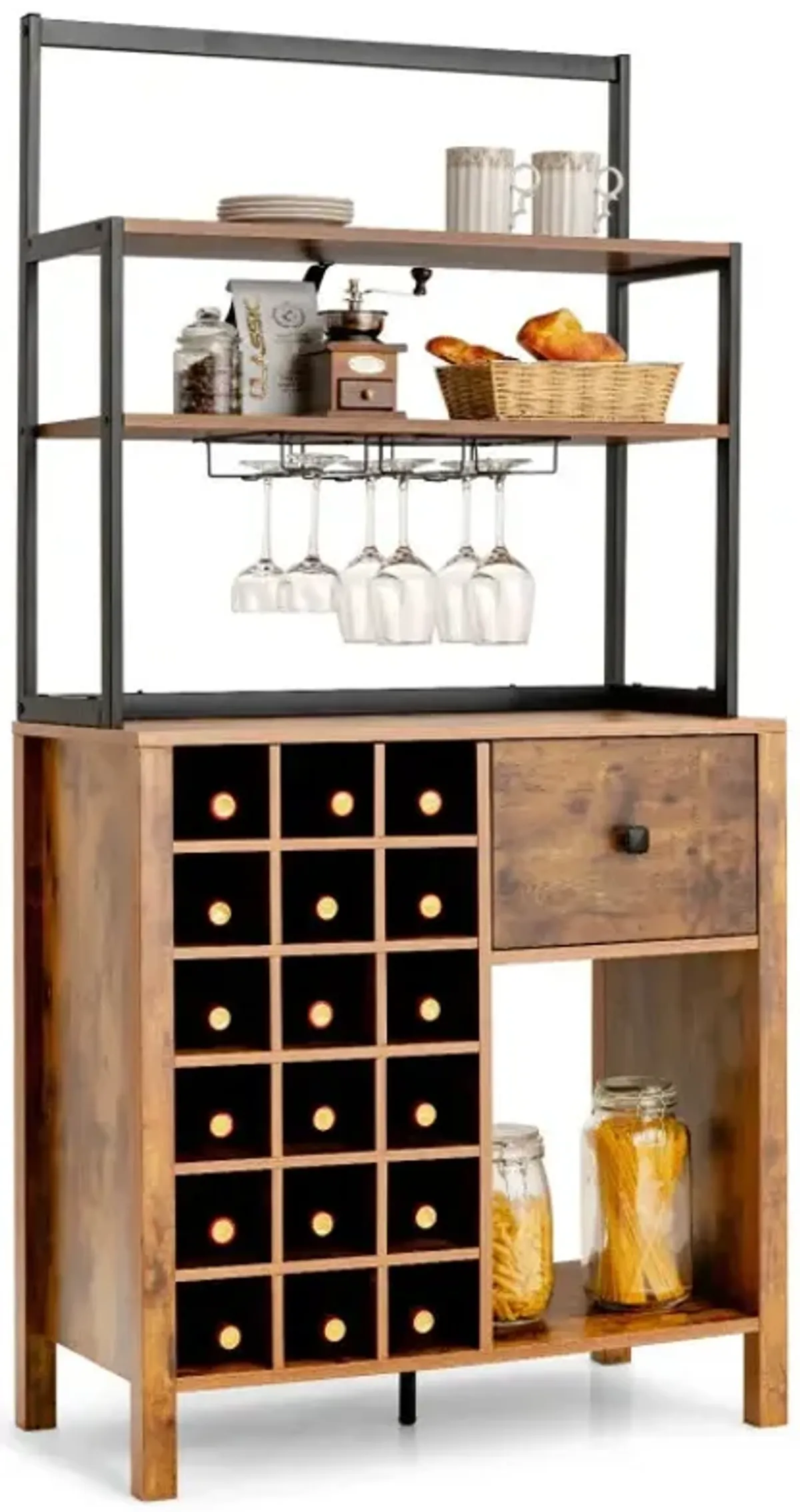 Kitchen Bakers Rack Freestanding Wine Rack Table with Glass Holder and Drawer