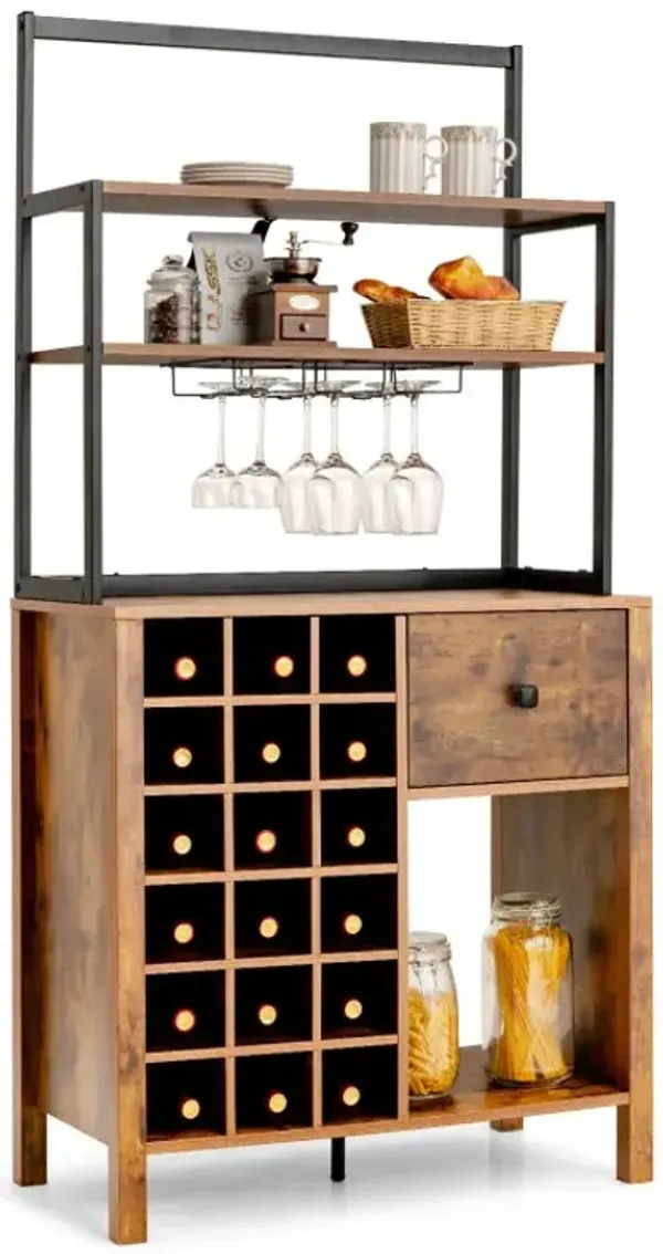 Kitchen Bakers Rack Freestanding Wine Rack Table with Glass Holder and Drawer