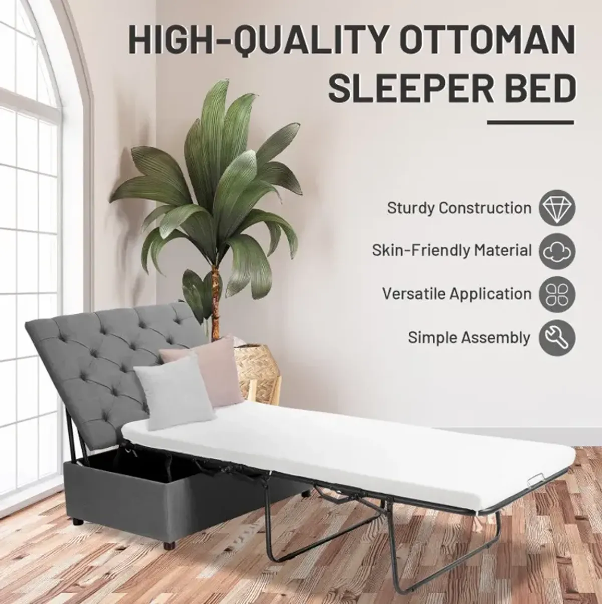 Folding Ottoman Sleeper Bed with Mattress for Guest Bed and Office Nap
