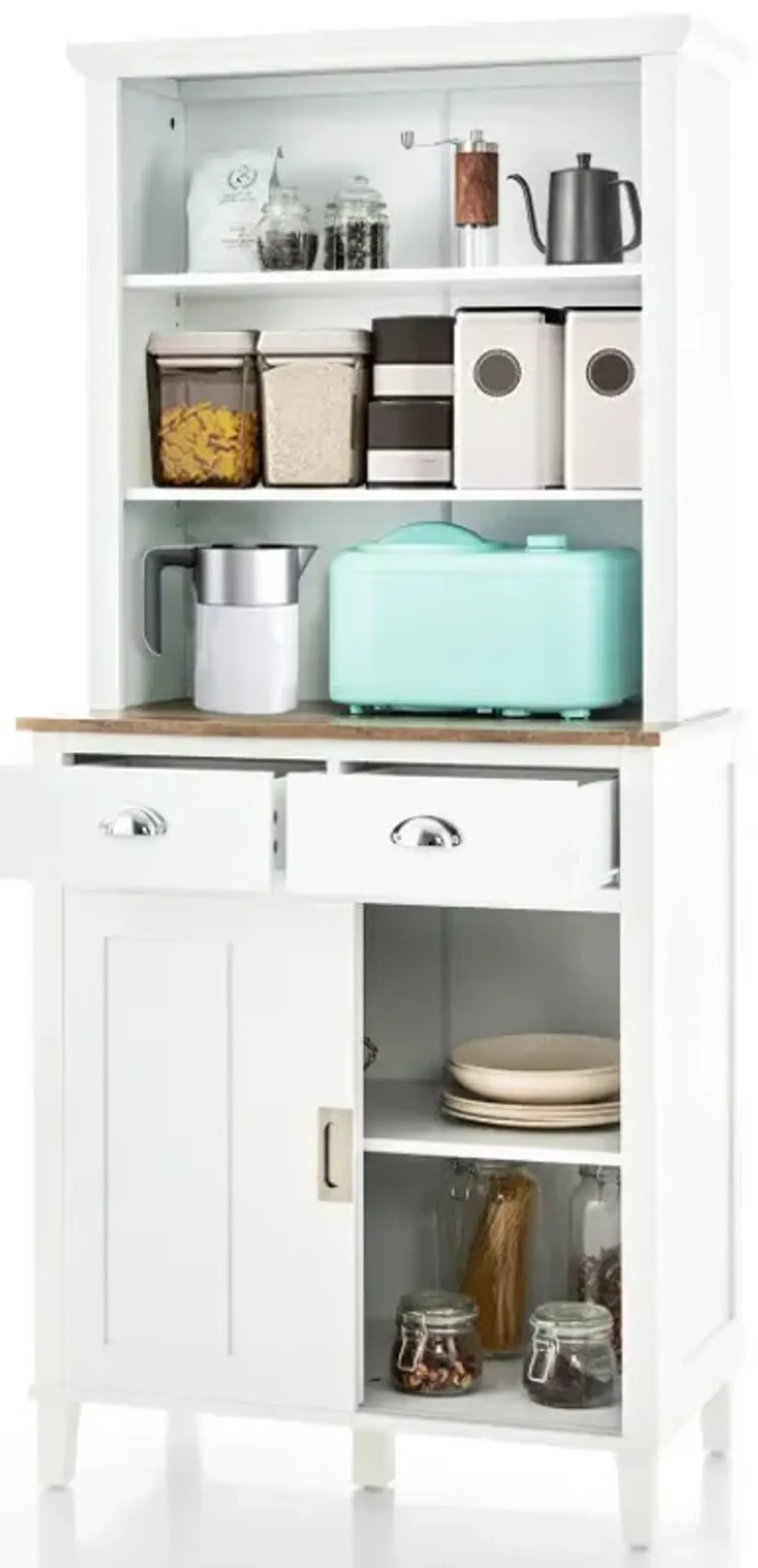 Freestanding Kitchen Pantry with Hutch Sliding Door and Drawer