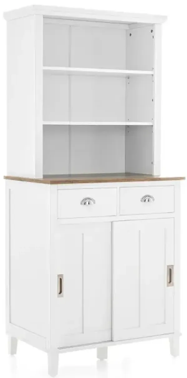 Freestanding Kitchen Pantry with Hutch Sliding Door and Drawer