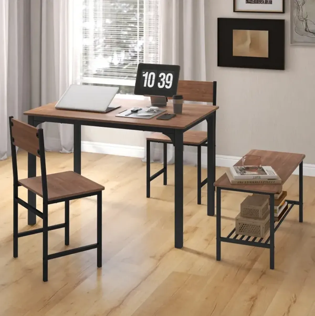 4 Pieces Rustic Dining Table Set with 2 Chairs and Bench