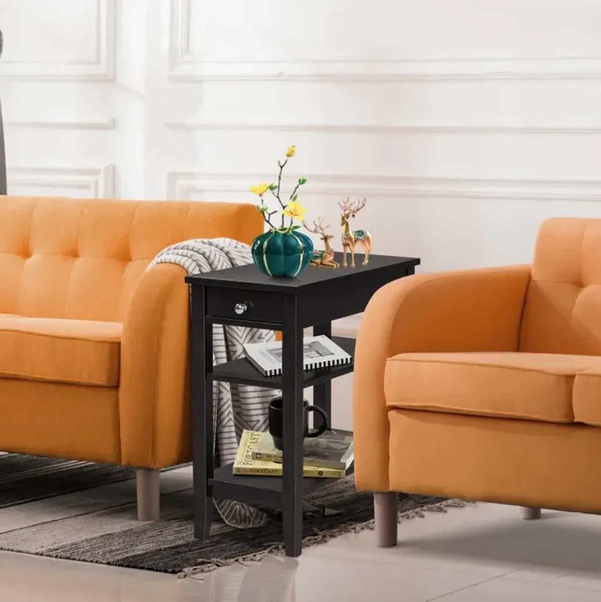 Side End Table with Drawer and 2-Tier Open Storage Shelves for Space Saving