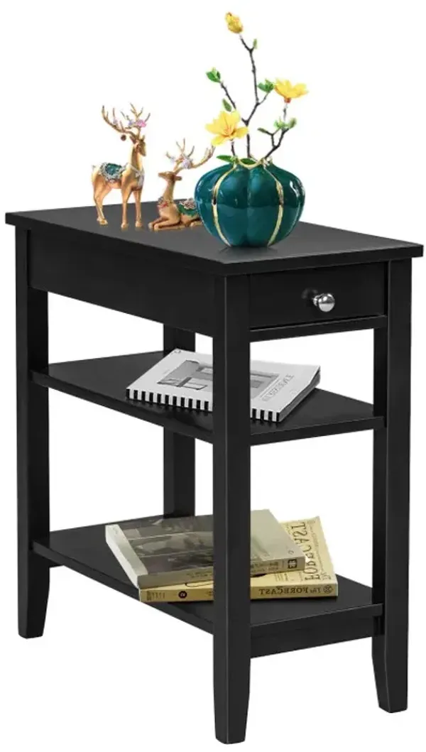 Side End Table with Drawer and 2-Tier Open Storage Shelves for Space Saving