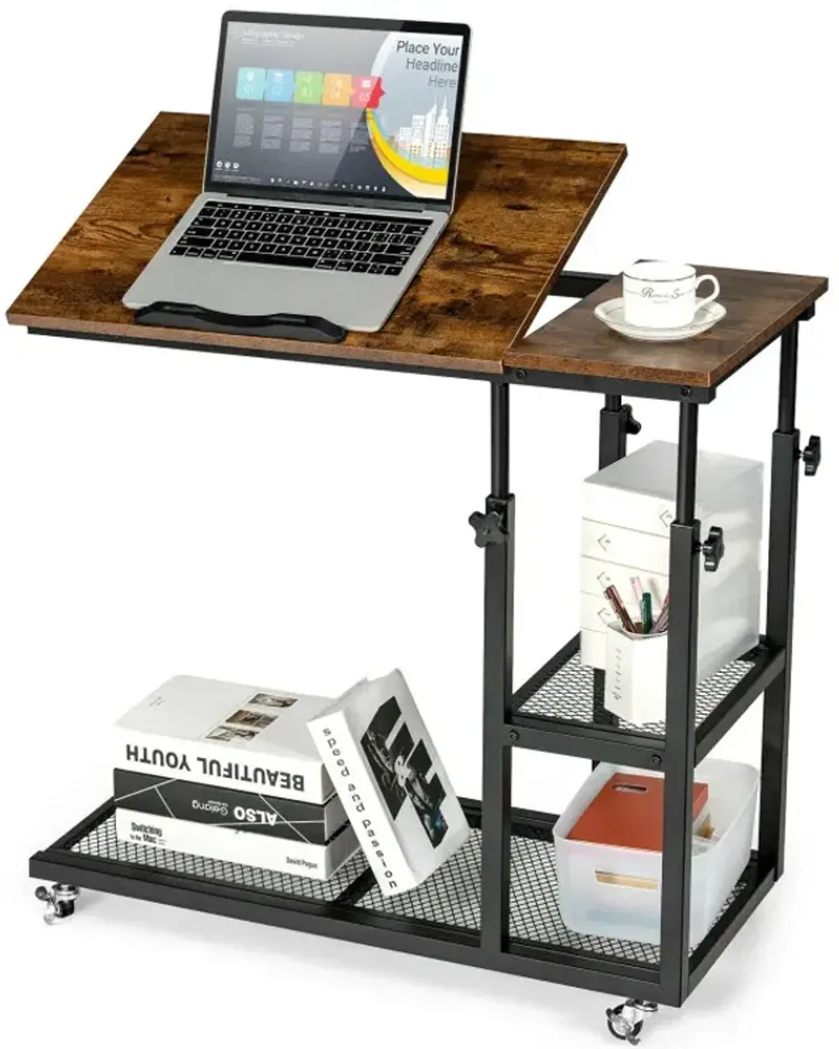 Height Adjustable C-Shaped End Table with Lockable Wheels and Tiltable Table Top