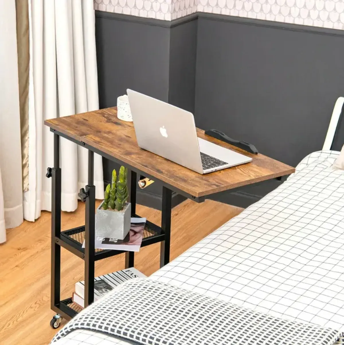 Height Adjustable C-Shaped End Table with Lockable Wheels and Tiltable Table Top