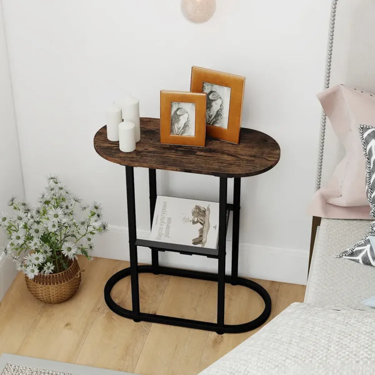 2-tier Industrial Oval Side Table with Mesh Shelf
