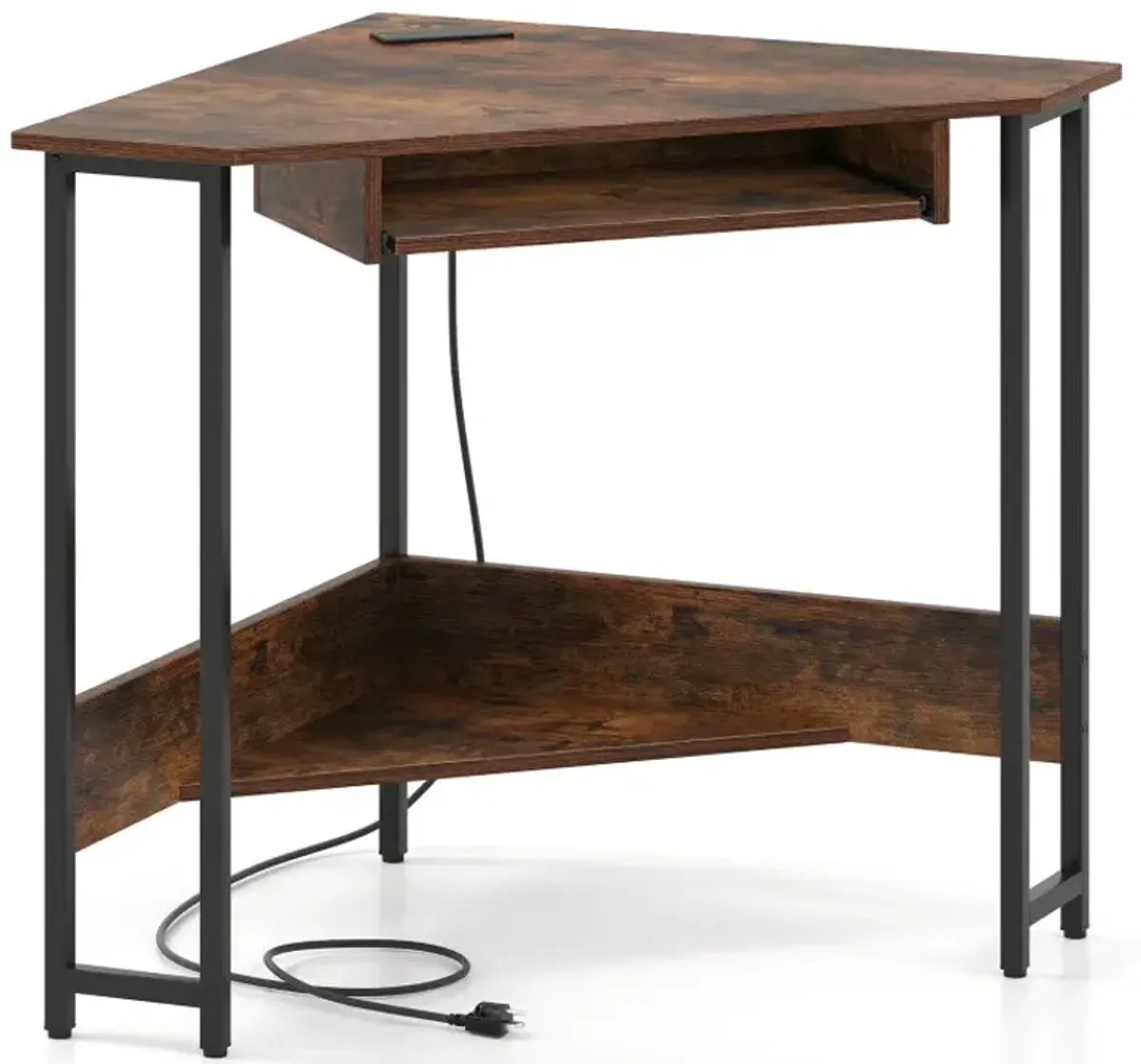 Triangle Corner Desk with Charging Station Keyboard Tray and Storage Shelf