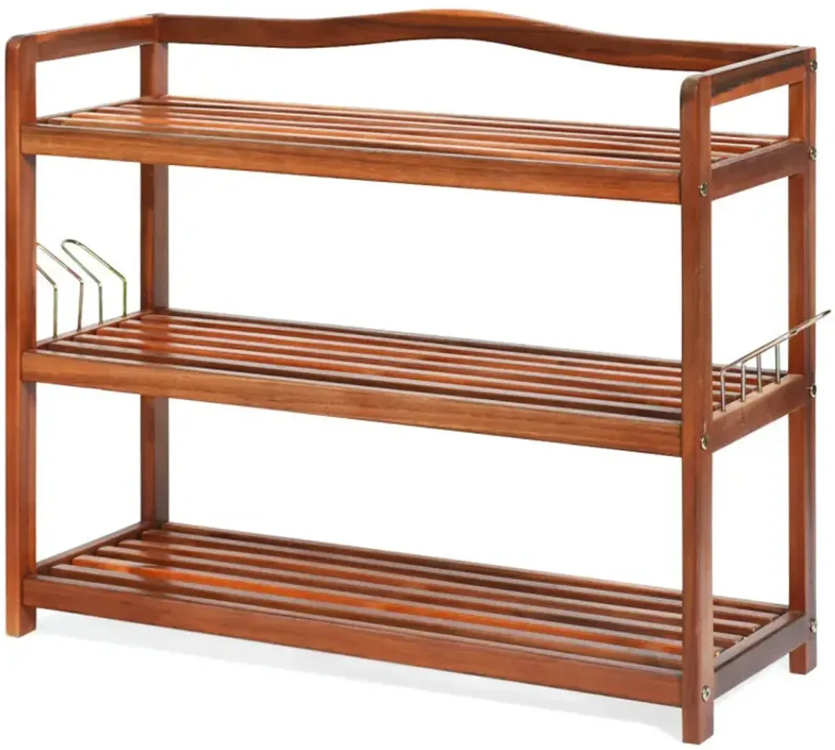 2-Tier/3-Tier/5-Tier Acacia Wood Shoe Rack with Side Metal Hooks