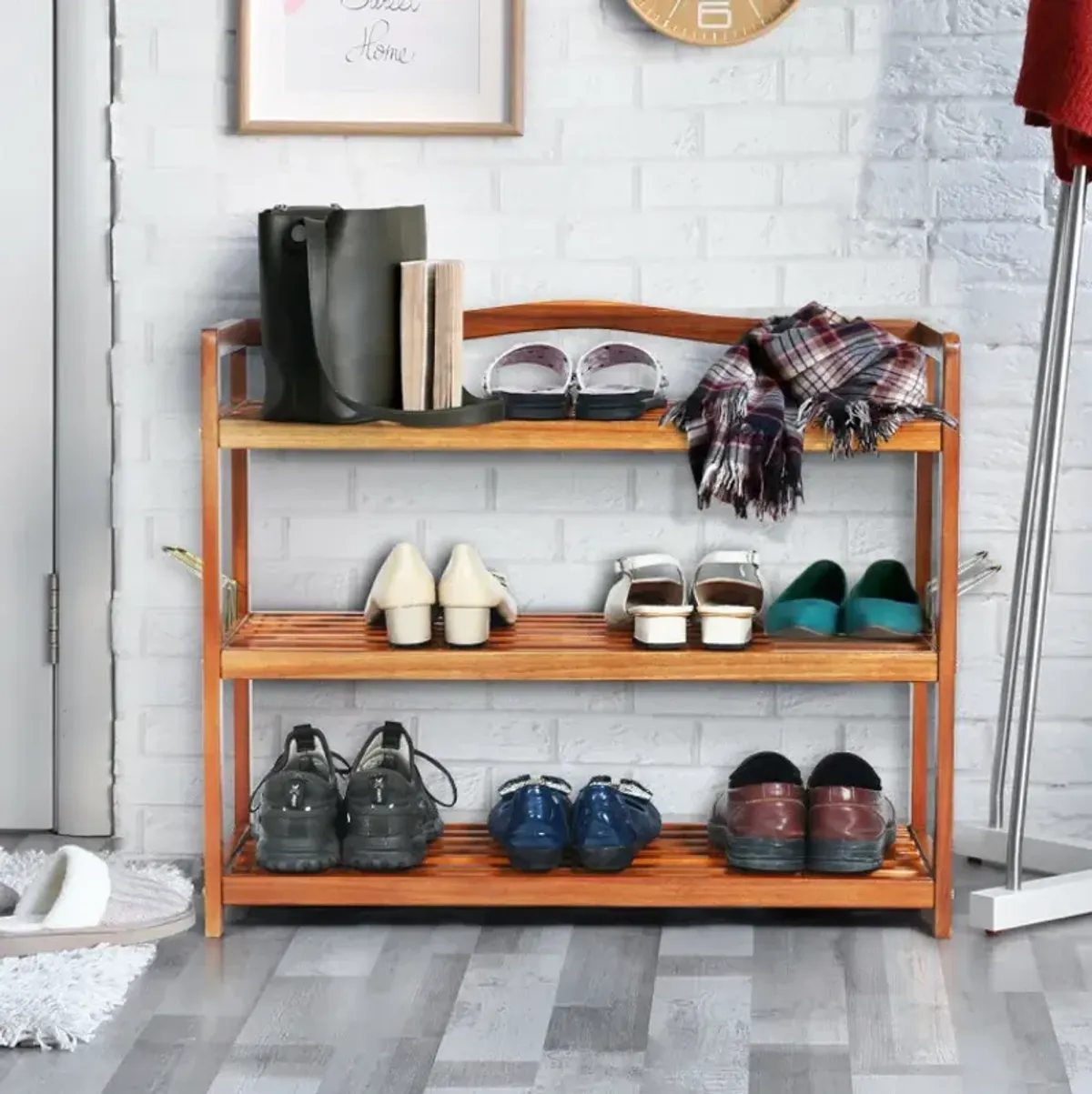 2-Tier/3-Tier/5-Tier Acacia Wood Shoe Rack with Side Metal Hooks