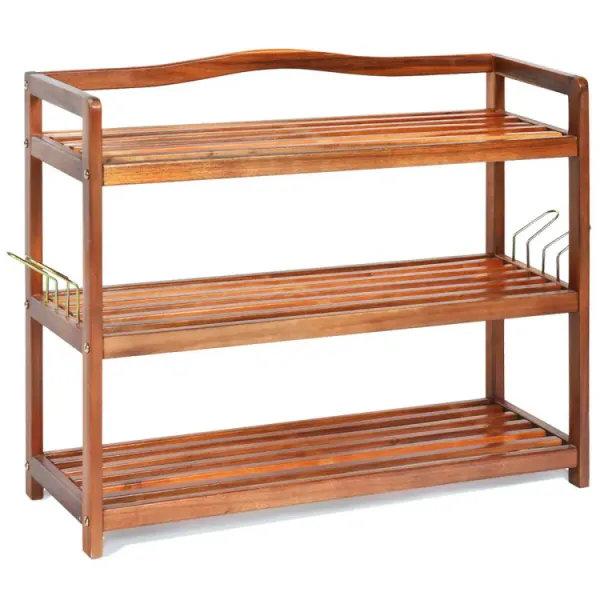 2-Tier/3-Tier/5-Tier Acacia Wood Shoe Rack with Side Metal Hooks