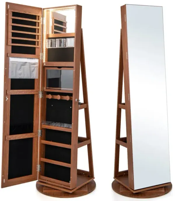 360° Rotating Mirrored Jewelry Cabinet Armoire 3 Color LED Modes Lockable