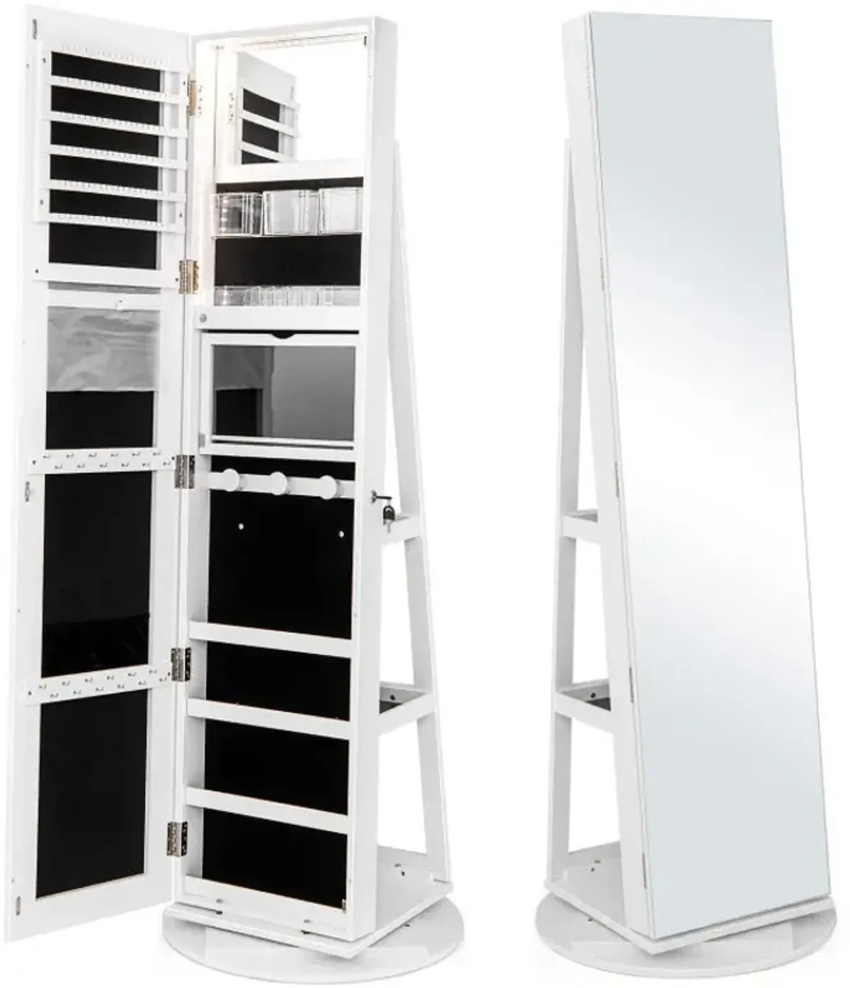 360° Rotating Mirrored Jewelry Cabinet Armoire 3 Color LED Modes Lockable
