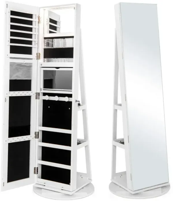 360° Rotating Mirrored Jewelry Cabinet Armoire 3 Color LED Modes Lockable