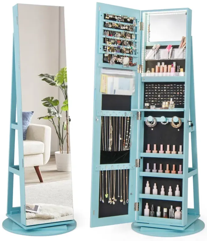 360° Rotating Mirrored Jewelry Cabinet Armoire 3 Color LED Modes Lockable
