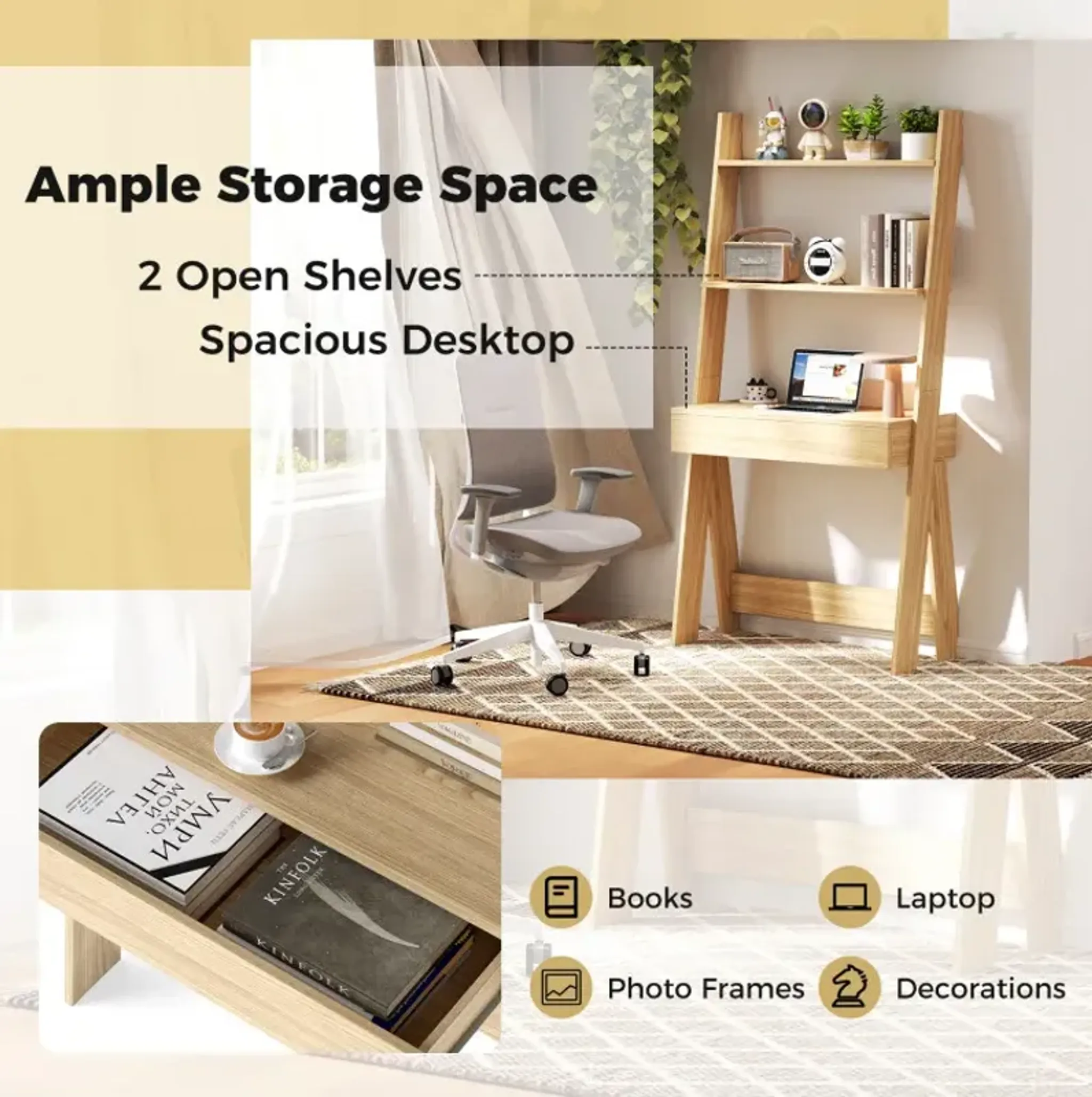 Ladder Shelf Desk with Pull-out Drawer and Anti-Toppling Device ...