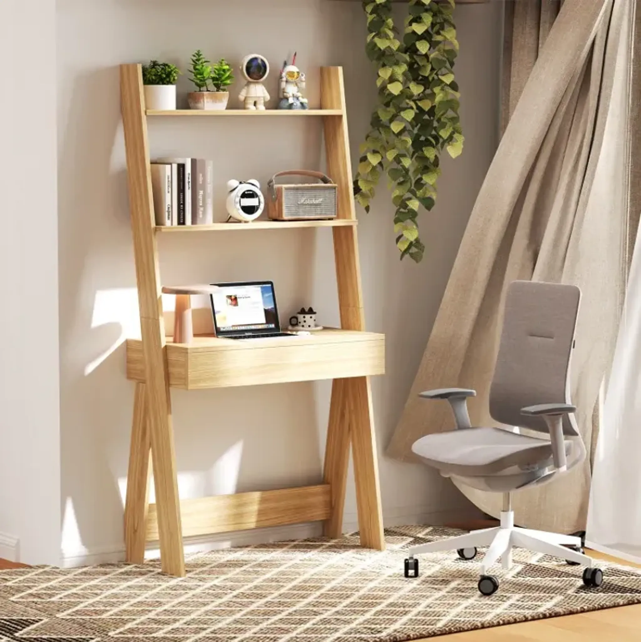 Ladder Shelf Desk with Pull-out Drawer and Anti-Toppling Device ...
